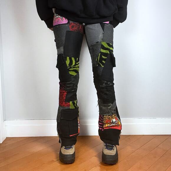 Rare Y2K Serious Los Angeles Patchwork Pants LA Clothing Black Jeans Goth Punk - Picture 2 of 16